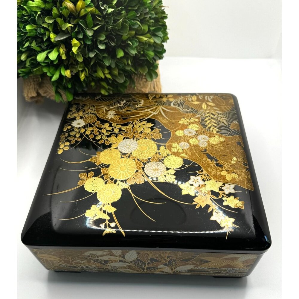 Japanese Lacquerware Decorative Box With Floral Design 7.5" L x 7.5" W x 3" H